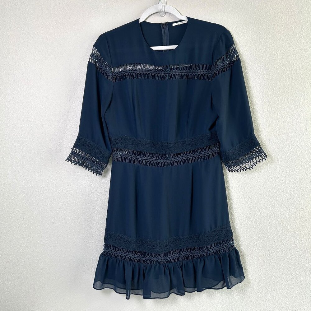 Tularosa Mini Dress Size M Navy Blue Lace Ruffle Trim Lined Elbow Sleeve Zip - Picture 1 of 14